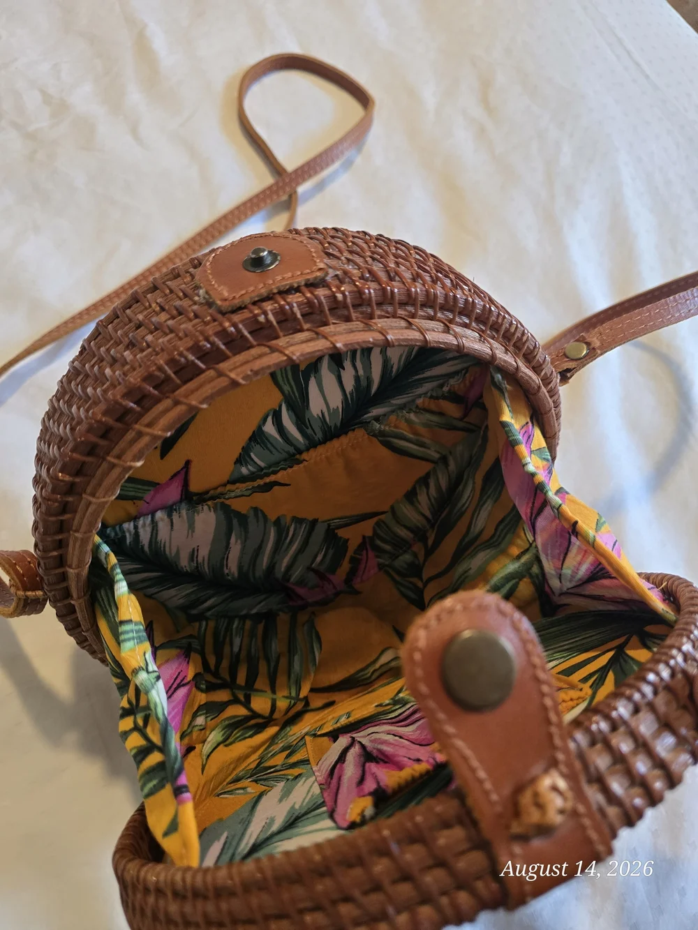 Round Bali Woven Rattan Brown Crossbody Bag with Floral Lining